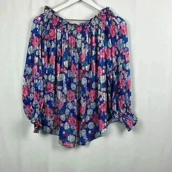 Umgee Womens Peasant Boho Top Blue Pink Silver M Off Shoulder Smocking Sparkly - Picture 6 of 8